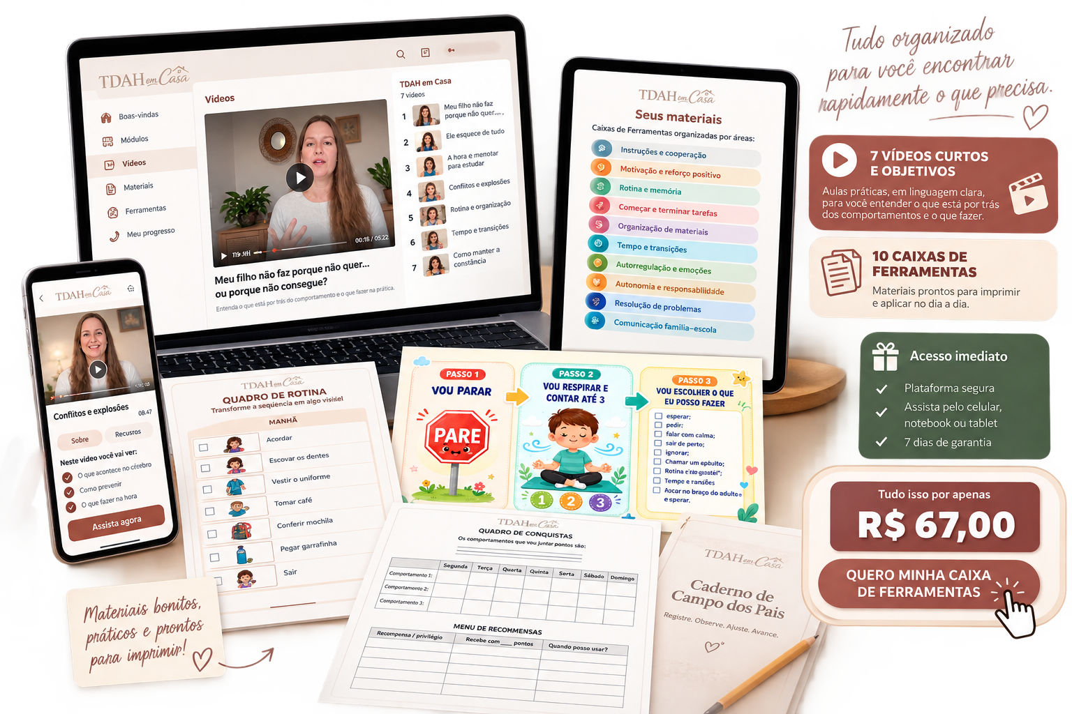 Mockup do TDAH em Casa com vídeos, materiais e ferramentas